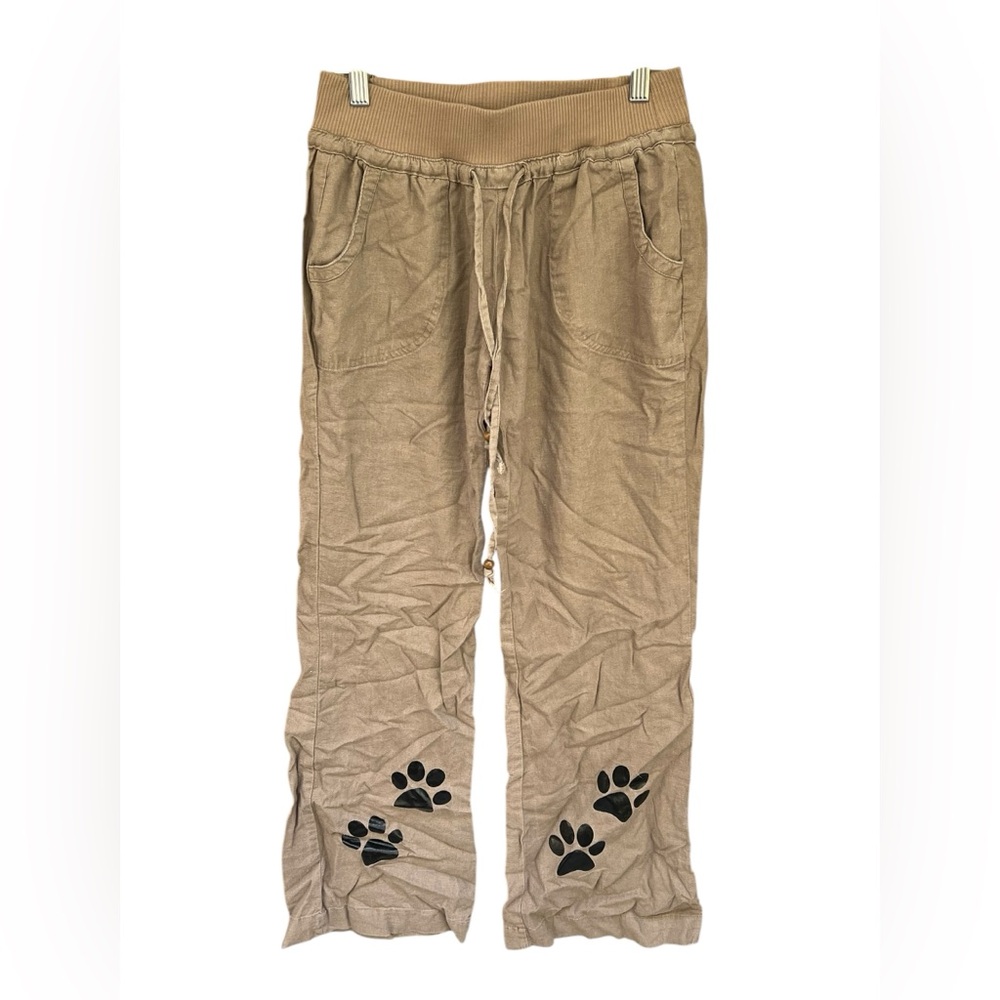 Love Tree Tan Linen Blend Wide Leg Pants with Black Paw Prints Women’s Small